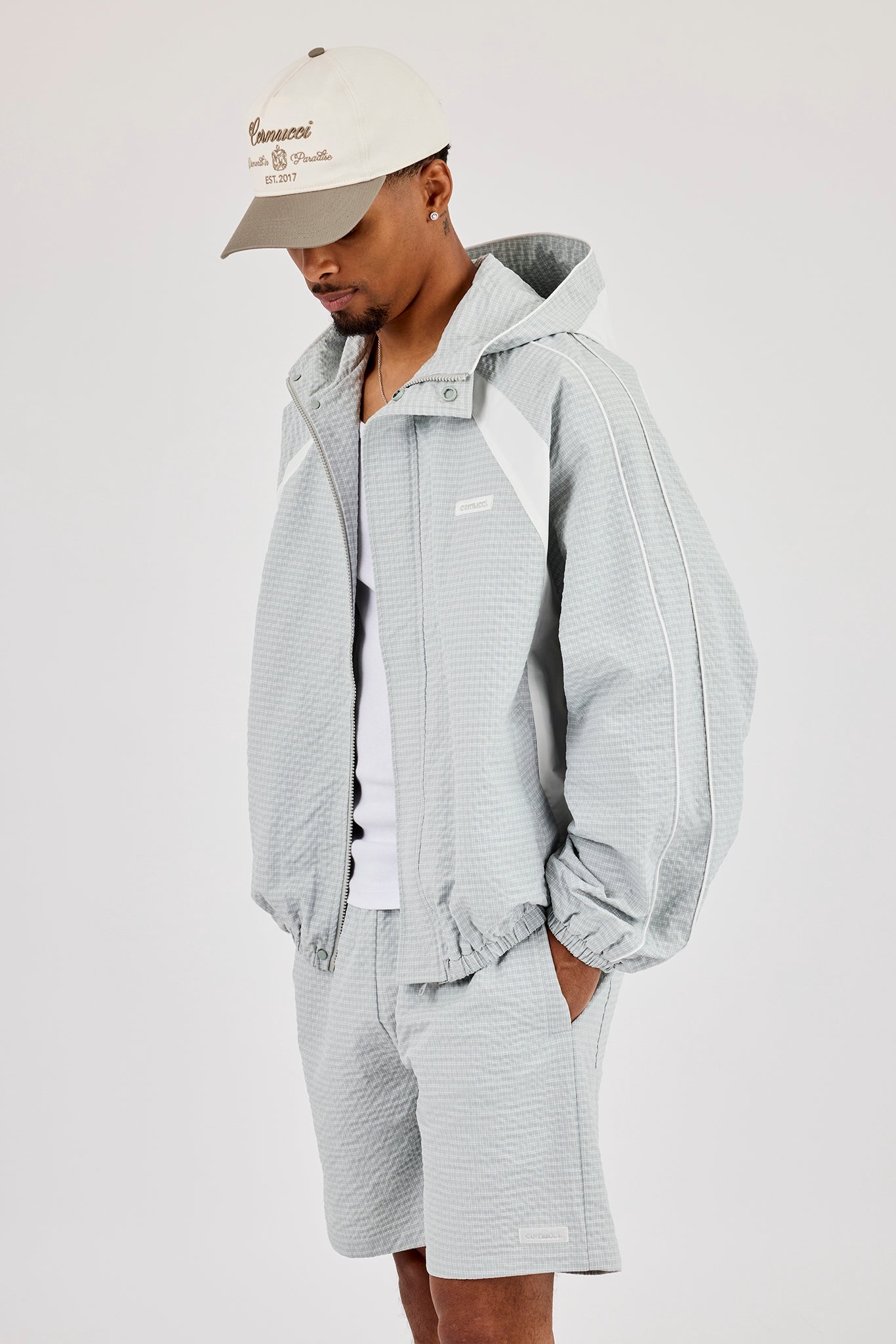 Check Panelled Hooded Windbreaker - Green